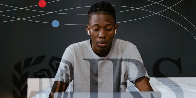 Alt tag: Young boy sitting in bed with a worried look on his face, with the IRS logo shown in front