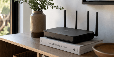 Black internet router on top of a book above an entertainment center next to a potted plant 