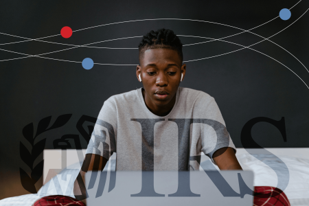 Alt tag: Young boy sitting in bed with a worried look on his face, with the IRS logo shown in front