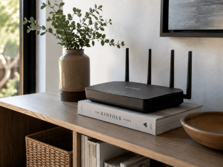 Black internet router on top of a book above an entertainment center next to a potted plant 