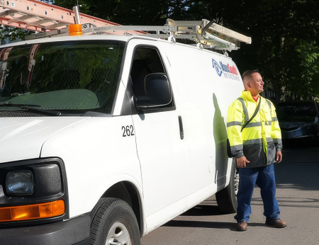 fiber intsaller next to work van peering into the distance