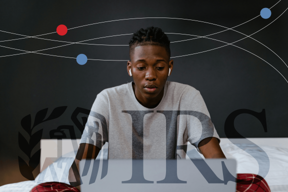 Alt tag: Young boy sitting in bed with a worried look on his face, with the IRS logo shown in front